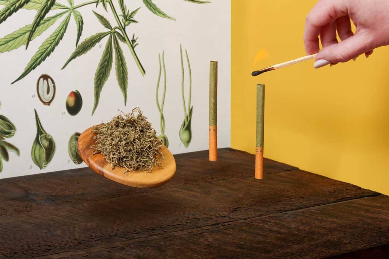 Photoshoot of Botani Hemp Wrapped Cigarettes floating above table