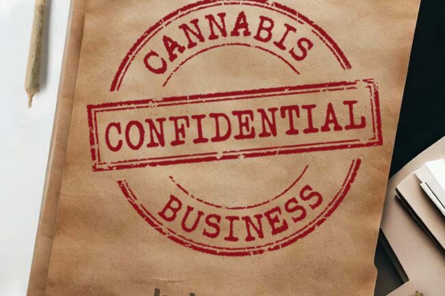 File folder stamped with Cannabis Business Confidential on it and Hybrid Marketing Co. logo