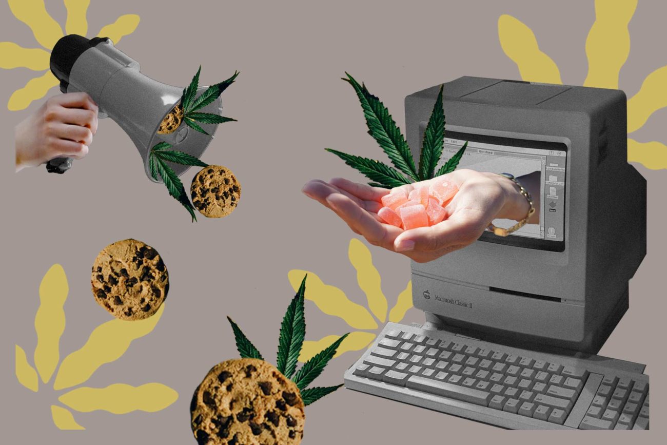 edibles spilling out of a computer and megaphone
