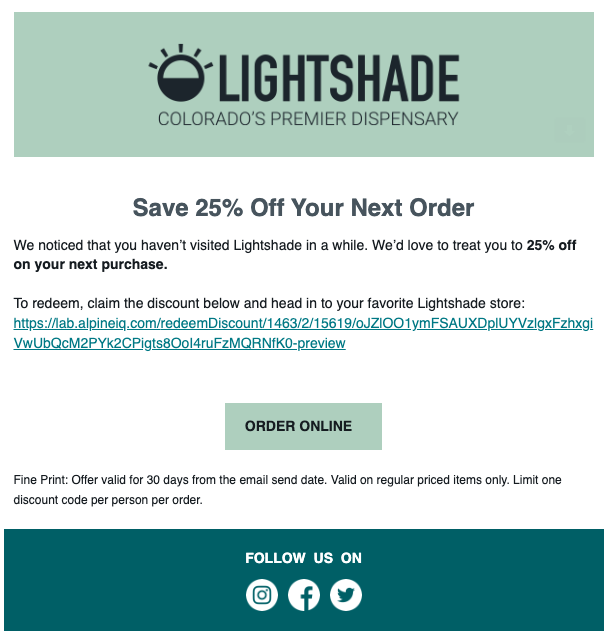 Original Lightshade win-back series 1 email offering 25% off to re-engage inactive dispensary customers.
