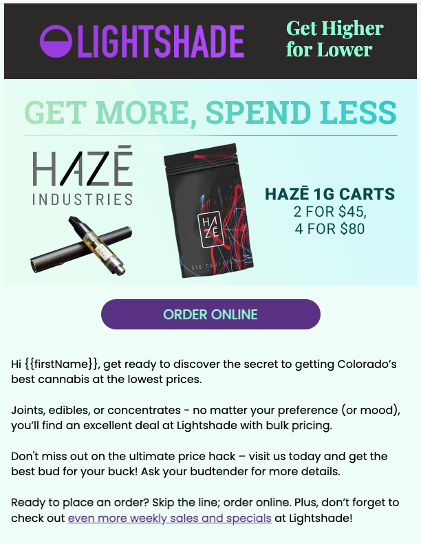 Lightshade win-back series 1 email ad featuring HAZĒ 1G vape cart deals, part of a dispensary bulk pricing and email segmentation campaign.