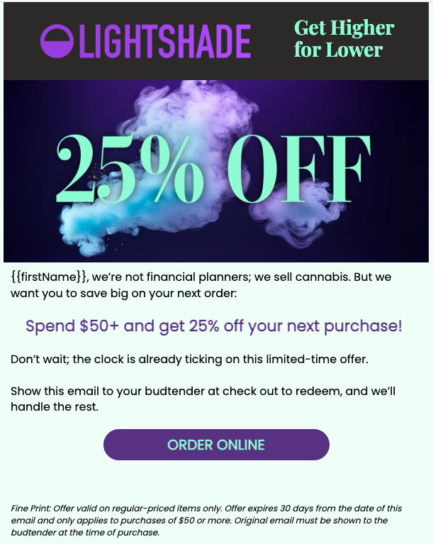 Lightshade win-back series 2 email ad promoting 25% off $50+ purchases, part of a dispensary email segmentation campaign.